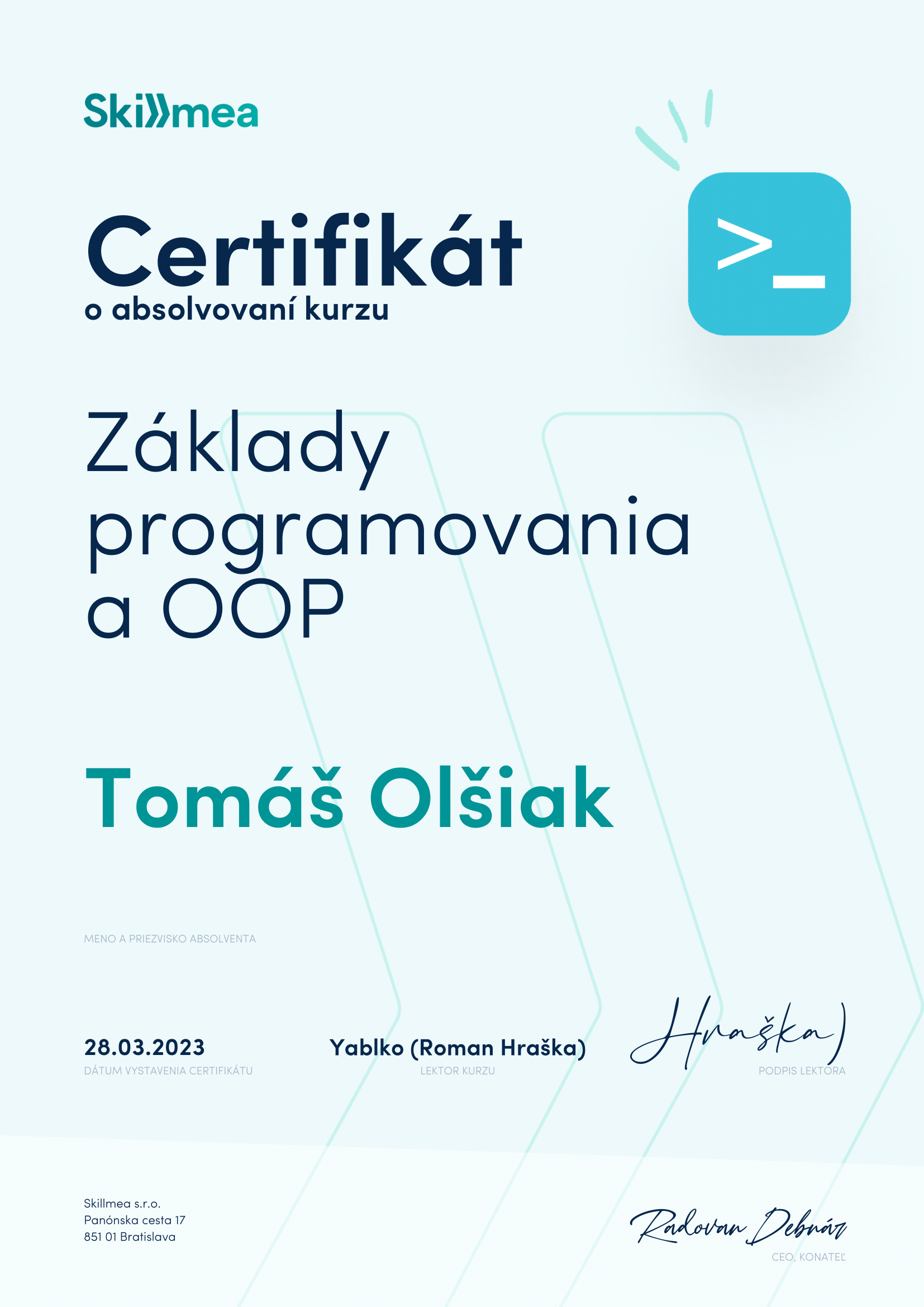 photo of my certificate for Fundamentals of Programming and OOP